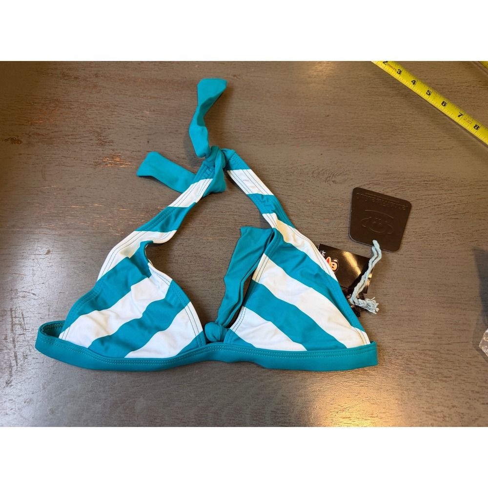 Paul Frank Kaylee Bikini Top Turquoise White Striped Triangle Halter Small NWT